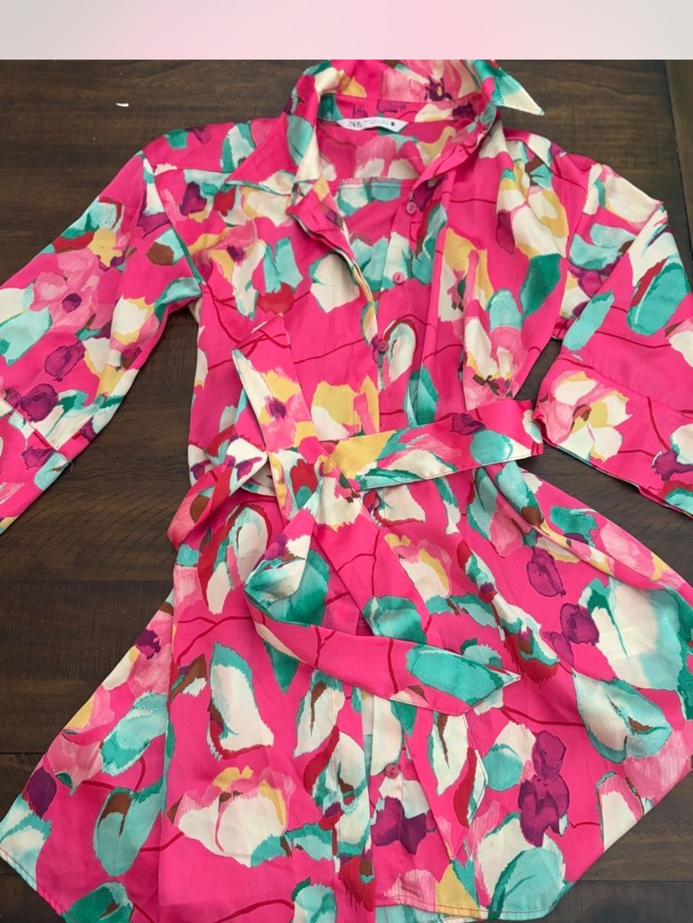 Zara Hot Pink Floral Long Sleeve Shirt Dress